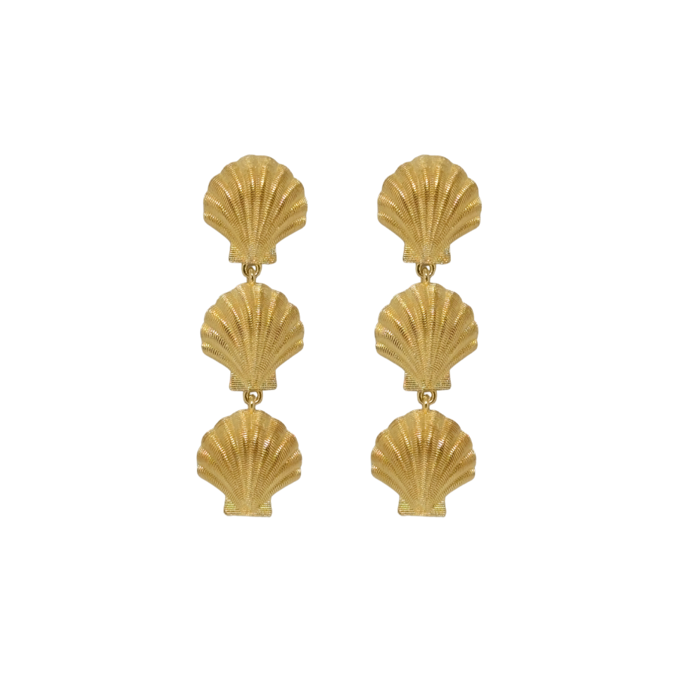 A pair of gold plated shell triple drop earrings on a white background_m donohue collection