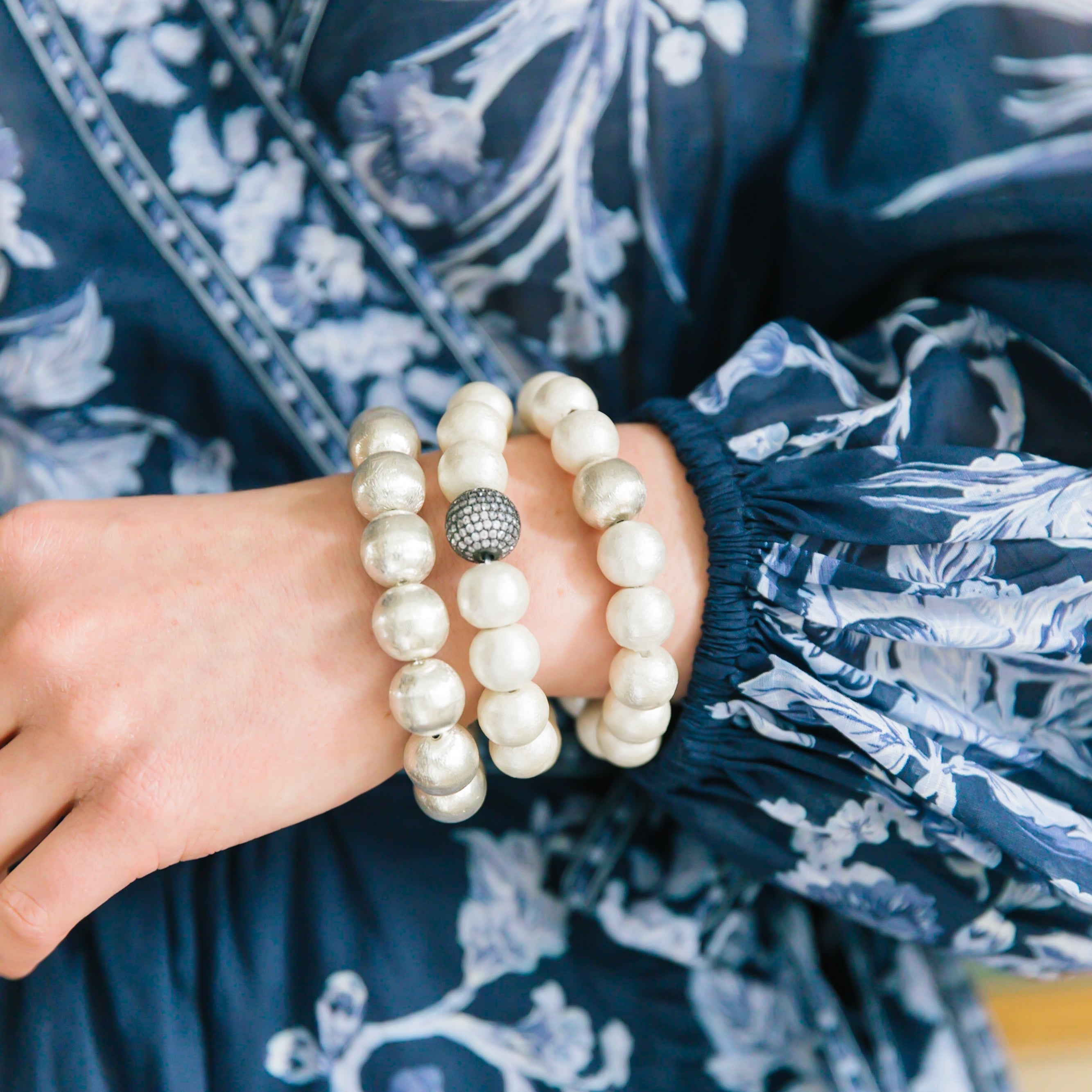 Model is wearing Olivia Cotton Pearl & Silver Bracelet_m donohue collection