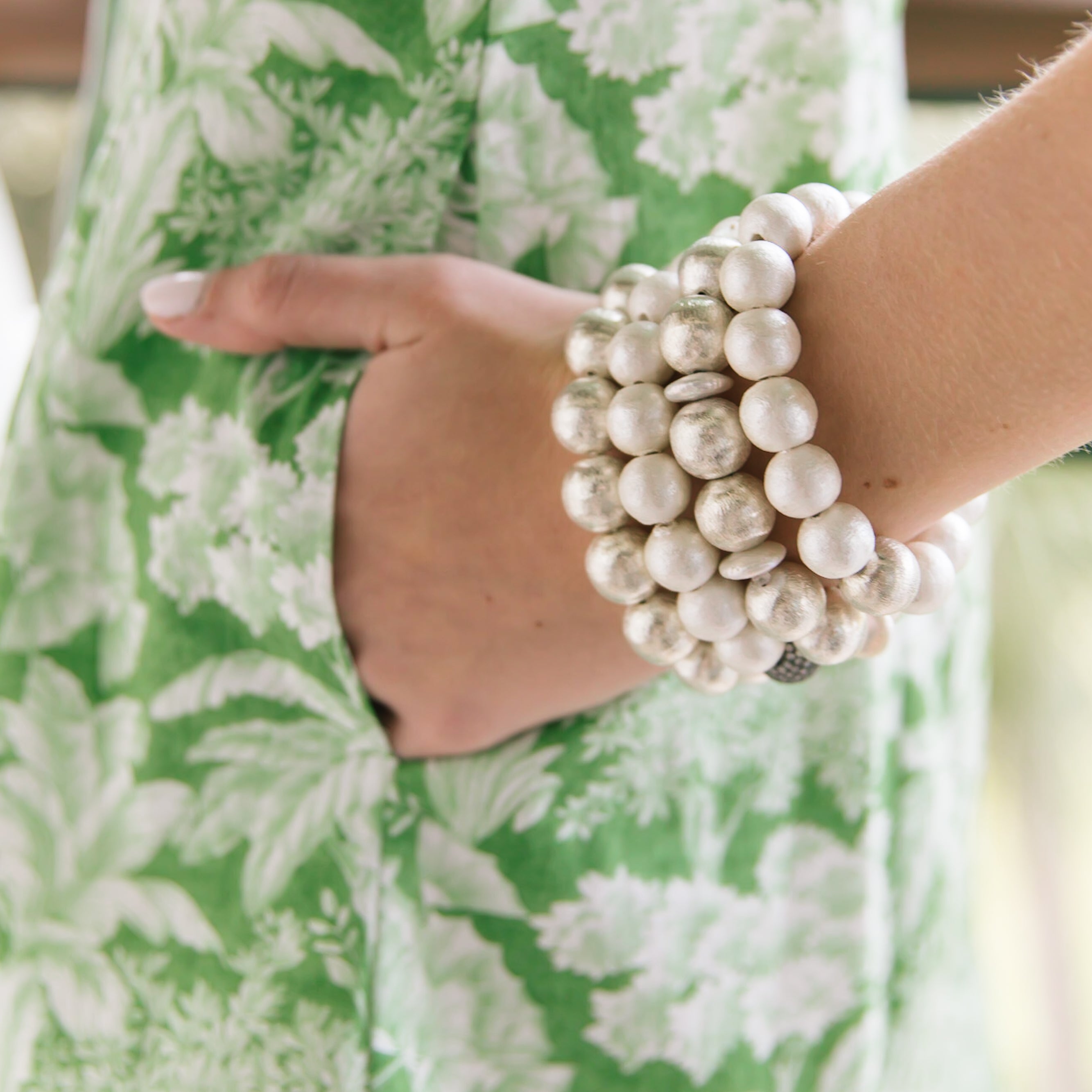 Model is wearing Olivia Cotton Pearl & Gold Bracelet_m donohue collection