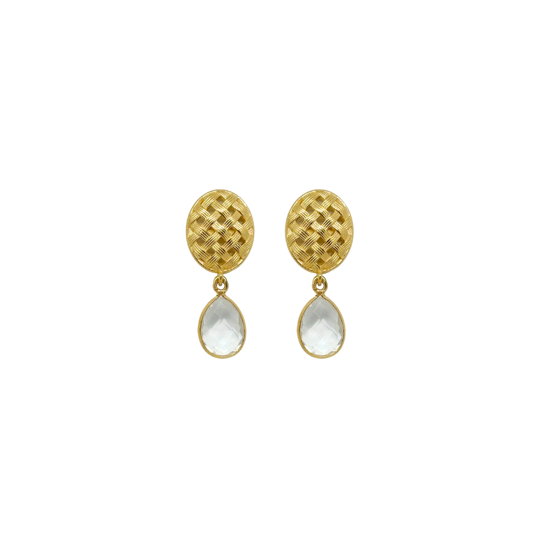 gold basketweave post earrings with clear crystal quartz teardrop_m  donohue collection