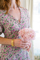 Model wears Jardin Hydrangea Gold Bangle_m donohue collection