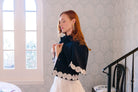 Model is wearing Jardin Hydrangea Gold Triple Cotton Pearl Earrings_m donohue collection