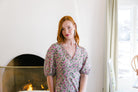 Model is wearing Jardin Hydrangea Gold Triple Cotton Pearl Earrings_m donohue collection